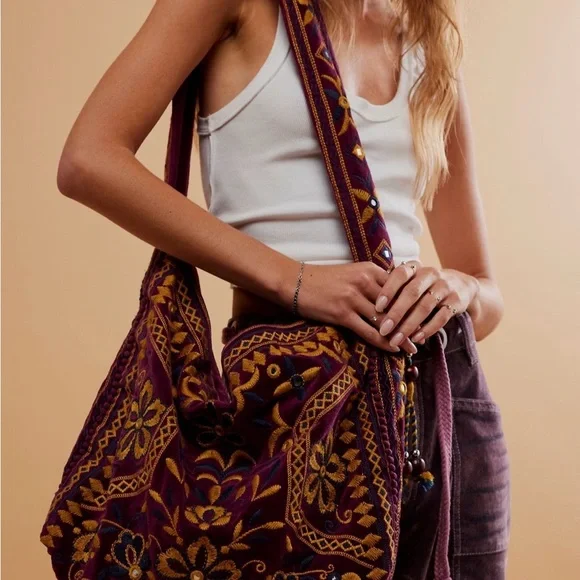Free People Vic Velvet Hippie Boho Embroidered Shoulder Tote Bag - Picture 2 of 8